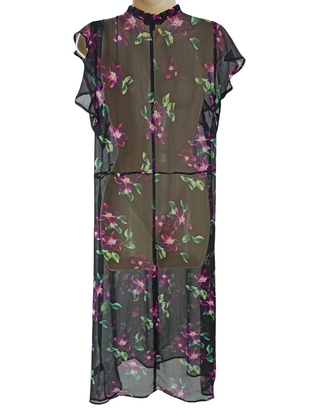 Express Black Sheer Floral Button Down Midi Dress with Pink and Green Print - Picture 4 of 7